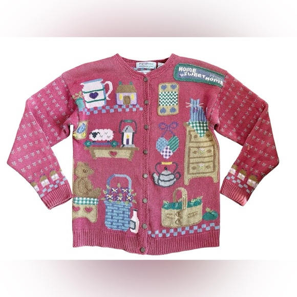 Vintage Northern Isles Home Sweet Home Embroidered Pink Cardigan Sweater Sz S - Picture 6 of 11